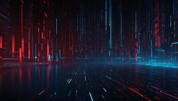 Abstract technology background, perspective of dark futuristic digital space View of blue data blocks in red light Concept of tech, future, network, cyber storage, speed, fast. photo