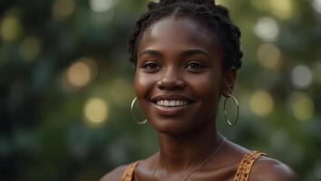 African Woman and Smiles Widely Beauty Concept. photo