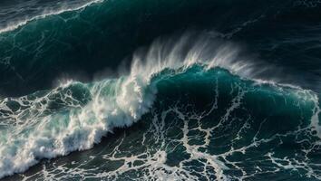 An aerial photograph captures a colossal ocean wave as it breaks near the horizon, showcasing the raw power and beauty of nature. photo