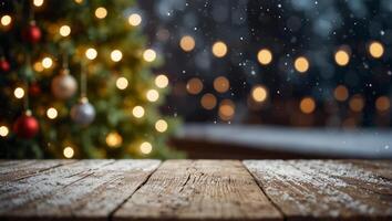 An empty table on a winter background with bokeh with elements of Christmas decor for product presentation and advertising. photo