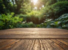 An empty wooden table top in focus with a beautifully blurred background of a lush green garden basking in sunlight. photo