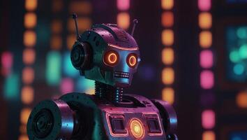 Android disco retro robot with neon background, futuristic. photo