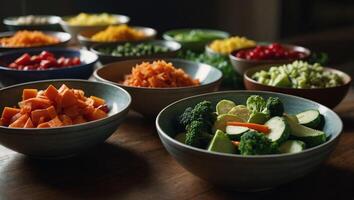 Array of Bowls Filled With Various Vegetables. photo