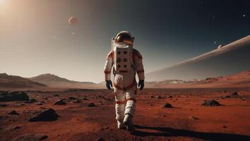 Back view of astronaut wearing space suit walking on a surface of a red planet Martian base and rover in the background Mars colonization concept. photo