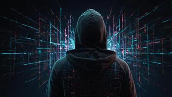 Back view of hacker in hoodie looking at abstract polygonal lines on dark background Big data, technology, metaverse and future concept. photo