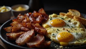 Big breakfast with bacon and scrambled eggs image in the dark background. photo