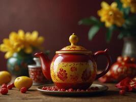 Chinese new year teapot with candy and jam , flower and red pocket , yellow background photography Tet holiday content , chinese new year. photo