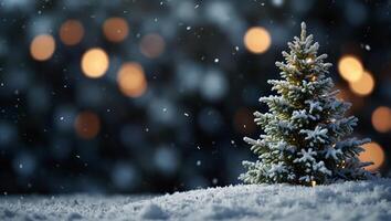 Christmas winter blurred background Xmas tree with snow, holiday festive background Widescreen backdrop New year Winter art design with snowflakes Nature scene. photo