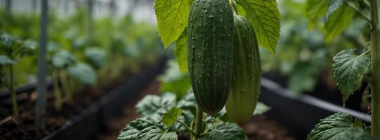 Cucumber plant is growing in vegetable green house on hydroponics, eco friendly business, greenhouse hydroponics drip irrigation system for plants. photo