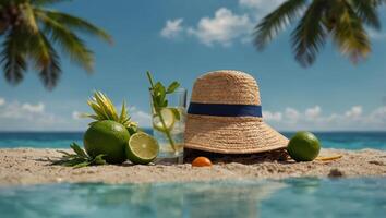 Composition with beach accessories, limes and palm leaf on light blue background with space for text. photo