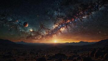 Cosmic landscape using random celestial elements such as stars, planets, and galaxies, depicting the vastness and beauty of the universe in a mesmerizing visual display. photo