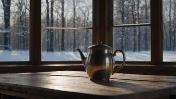 Empty table and winter window in background. photo