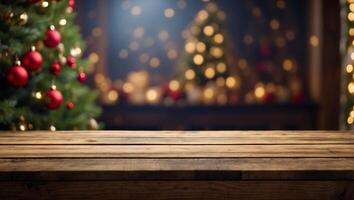 Empty wooden table in front of christmas tree background Ready for product display montage. photo