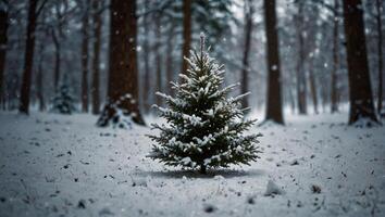 Get lost in the tranquil and magical ambiance of a snow covered Christmas forest This serene background is ideal for capturing the essence of the holiday season Copy space image. photo