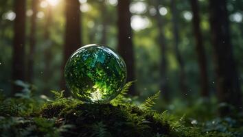 Globe planet glass in green forest with bokeh nature lights world environment day concept of environment conservation,. photo