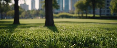 Green lawn with fresh grass with blurry background of a city park with tall buildings in the background on a bright sunny day. photo