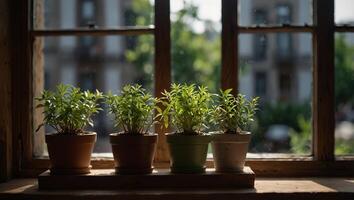 Healthy potted green plants displayed on a well-lit wooden window ledge. photo