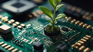 Idea of digital evolution or technological growth, represented by a seedling sprouting from a circuit board, symbolizing the intersection of nature and technology. photo