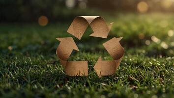 Kraft paper cut of Reuse, Reduce, Recycle symbol and text on green grass background Environmental conservation concept. photo