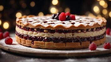Linzer Torte is traditional Austrian cake with a lattice design on top of the pastry Filled with jam. photo