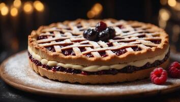 Linzer Torte is traditional Austrian cake with a lattice design on top of the pastry Filled with jam. photo