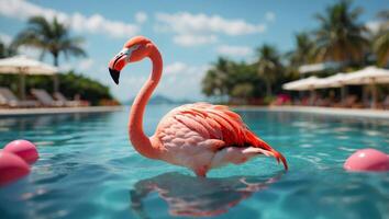 Luxury infinity swimming pool beach holiday travel vacation background with flamingo toy float header panoramic for summer fun destination. photo