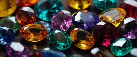 Macro shot of a pile of multicolored gemstones showcasing a spectrum of colors and translucency. photo
