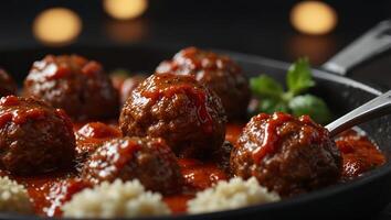 Meatballs served with tomato sauce in frying pan. photo