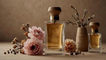 Mock up of minimal elegant perfume bottle displayed on beige backgrounds with dry flowers and perfume spices Stylish parfumerie banner. photo