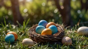 Nest with easter eggs in grass on a sunny spring day - Easter decoration, banner, panorama, background with copy space, happy easter day concept backgrounds. photo