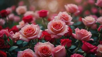 Pink and red roses petals on a bokeh background. photo