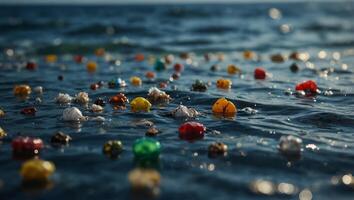 Pollution of ocean with plastic waste floating in the water Environmental protection and ecology concept. photo