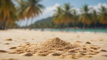 Sand with blurred Palm and tropical beach bokeh background, Summer vacation and travel concept Copy space. photo