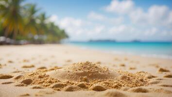 Sand with blurred Palm and tropical beach bokeh background, Summer vacation and travel concept Copy space. photo