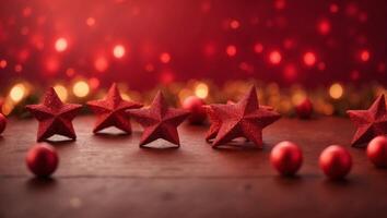 Red stars shapes at the top on red background Christmas winter holiday concept flat lay top view with copy space. photo