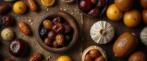 Ramadan kareem holiday background with dried dates, fruits and decorations Top view, flat lay. photo