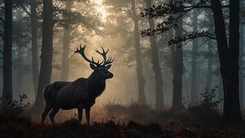 Red deer stag silhouette in the mist in forest. photo