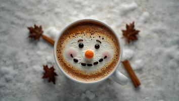 Seasonal funny Snowman Latte Art Coffee on snowy background with copy space, top view. photo