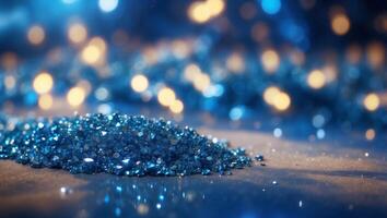 Shiny Blue Glitter In Abstract Defocused Background - Christmas And New Year Texture. photo