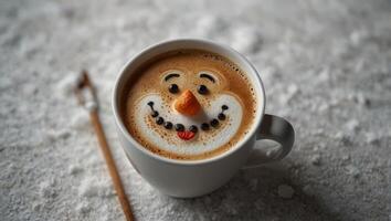 Seasonal funny Snowman Latte Art Coffee on snowy background with copy space, top view. photo