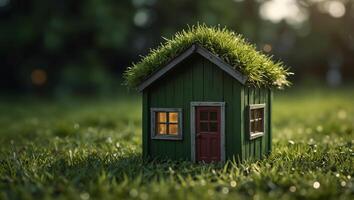 Small green eco house on grass with copy space. photo
