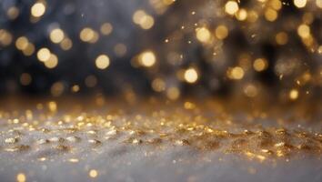 Snowfall texture on blurry background Silver and gold abstract blurred bokeh lights Christmas and New Year holiday backdrop with copy space. photo