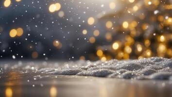Snowfall texture on blurry background Silver and gold abstract blurred bokeh lights Christmas and New Year holiday backdrop with copy space. photo