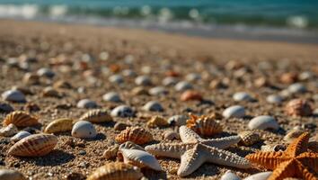 Summer beach with strafish and shells background, fresh summer travel backgrounds with copy space. photo