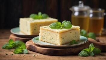 Three slices of homemade semolina cake on a wood vintage rustic table background with mint tea Overhead or top view composition with copy space. photo