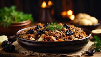 Traditional dish of polish cuisine - Bigos from fresh cabbage, meat and prunes Top view with copy space Banner format. photo