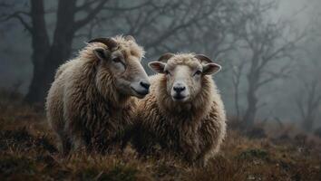 Two lost sheep cuddling in fog Suitable to add text. photo