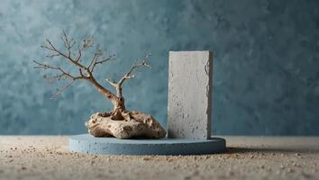 White stone product display podium on white sand on light blue minimal background with dry tree branch, showcase on graceful minimal style blue background mock up copy space. photo
