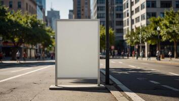 Vertical blank white billboard on city street In the background buildings and road Mock up Poster on street next to roadway Sunny summer day. photo