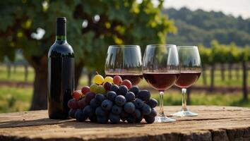Wineglasses with fresh grapes on empty wooden table on blurred vineyard background, rural scene landscape with copy space, extra wide. photo